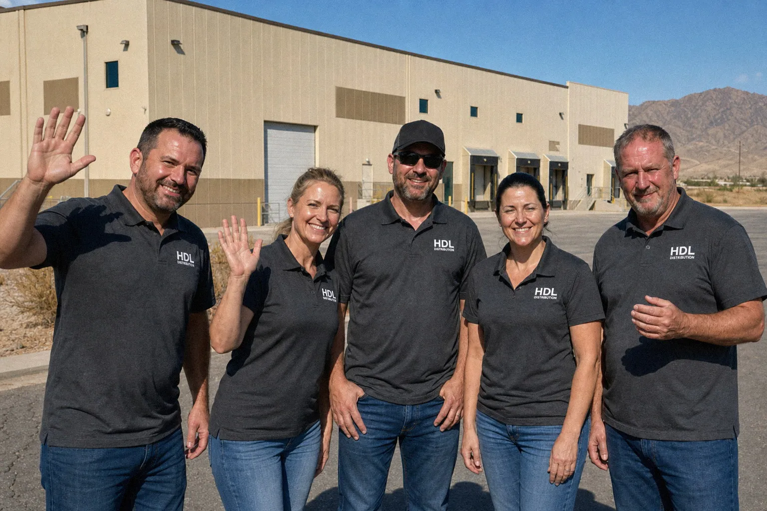 The HDL Distribution team waving outside our desert Southwest warehouse