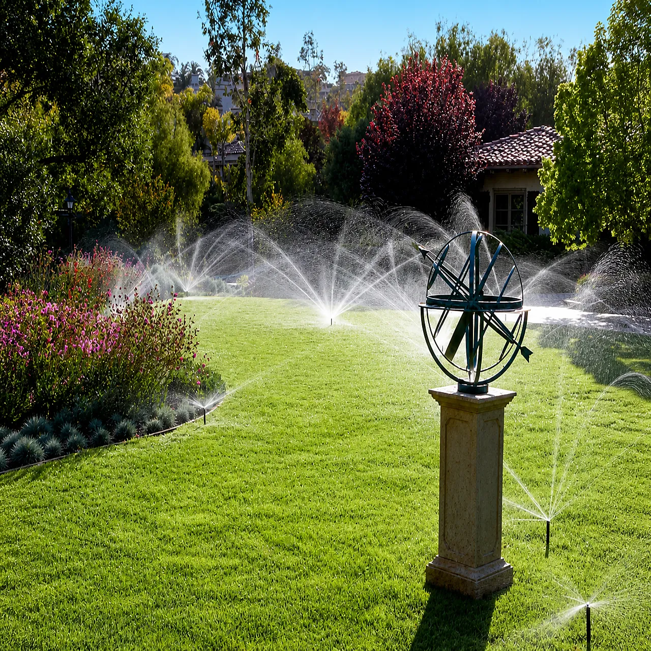 Hunter sprinklers watering a residential lawn