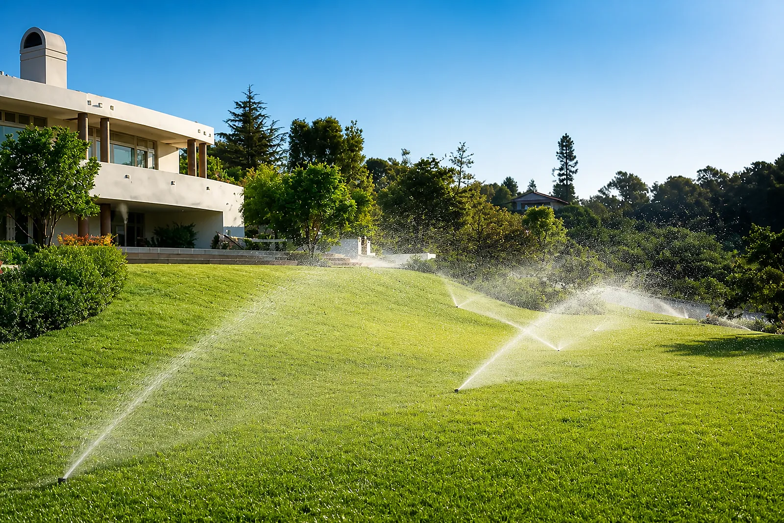 Hunter sprinklers watering a residential lawn