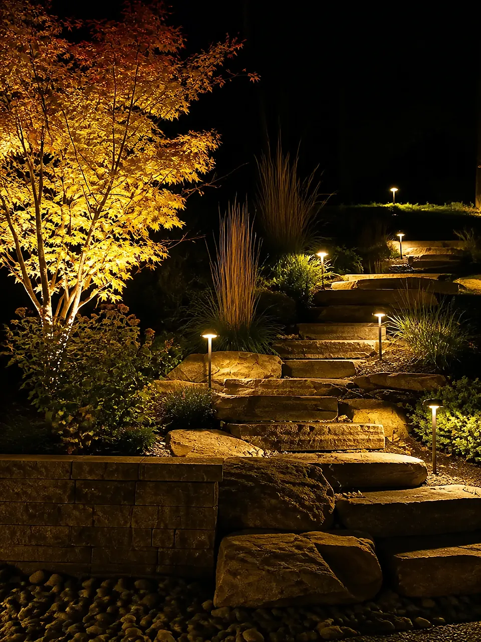 FX Luminaire path lights illuminating a stone garden walkway at night