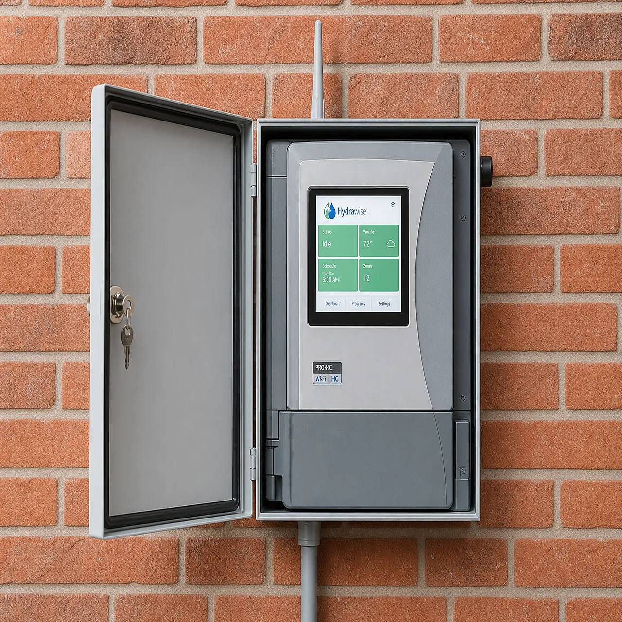 Hunter HCC Wi-Fi Hydrawise controller installed on a brick wall